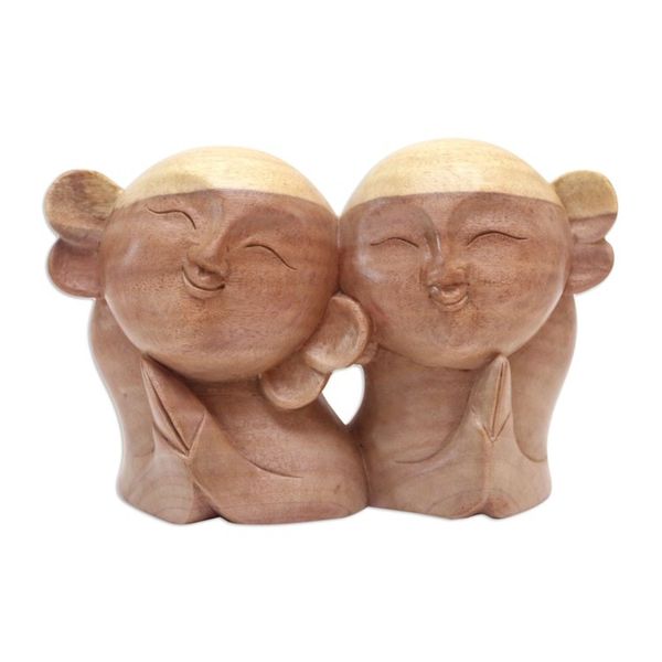 Alternate image for Artisan Crafted Wood Sculpture Twin Jizo