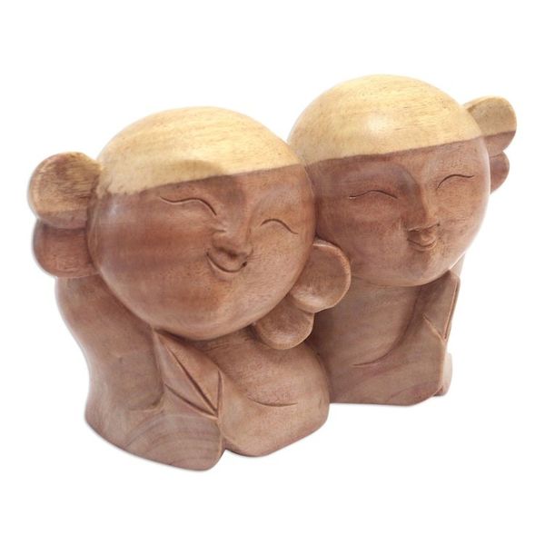 Alternate image for Artisan Crafted Wood Sculpture Twin Jizo