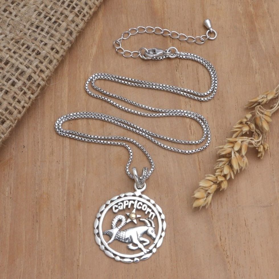 18k Gold-Accented Capricorn Pendant Necklace from Bali 'Sparkling Capricorn'
