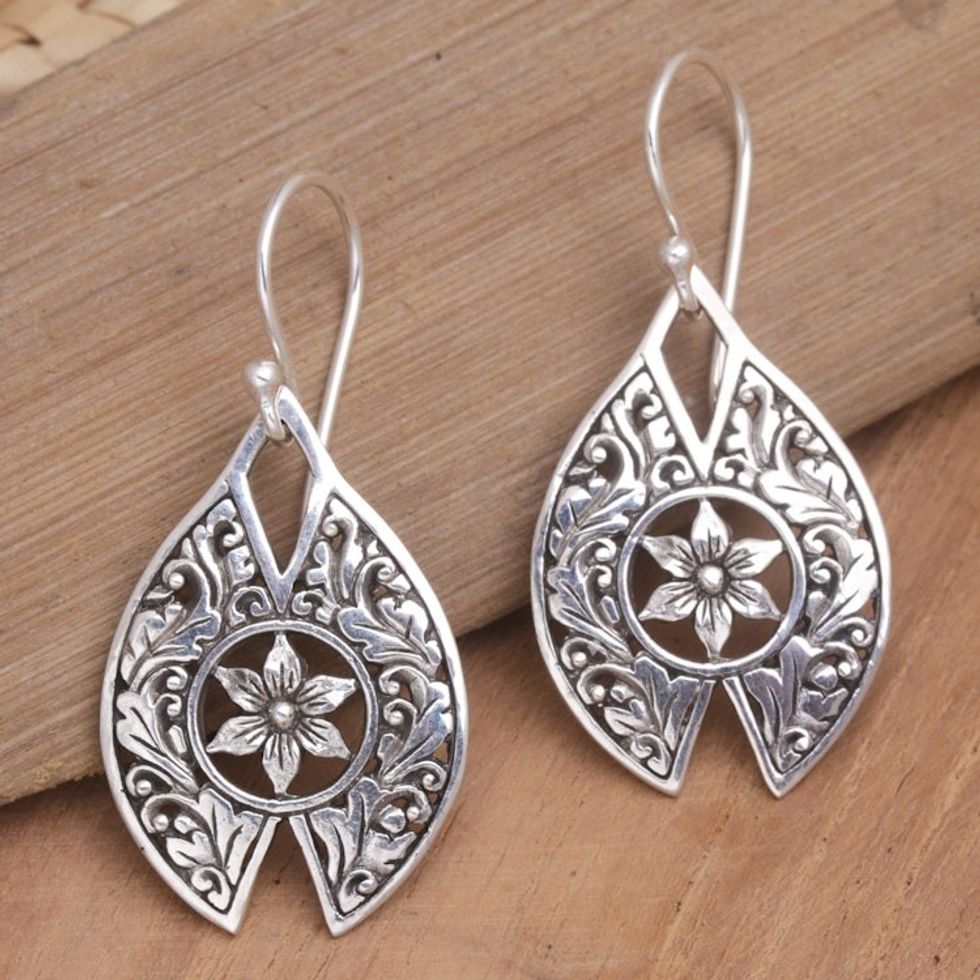 Balinese Sterling Silver Dangle Earrings with Floral Motif 'Charming Shields'