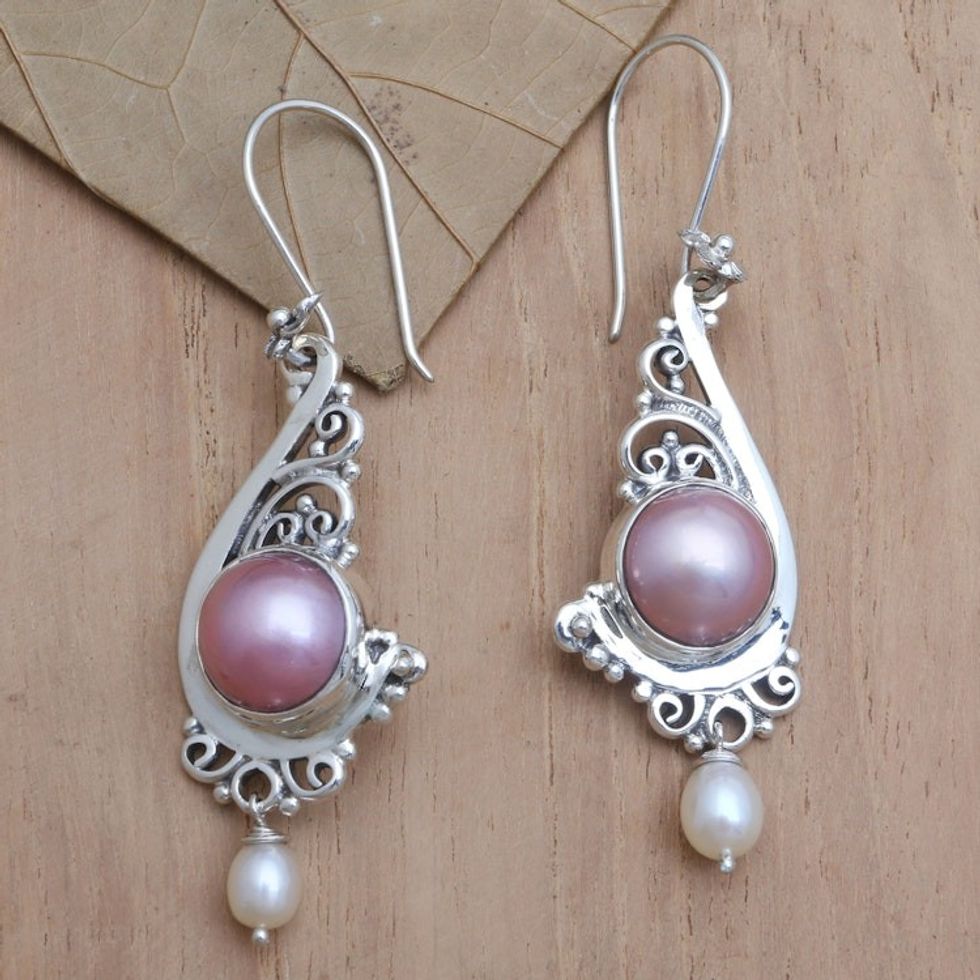 Pink Cultured Pearl and Sterling Silver Dangle Earrings 'Candlelit Dinner'