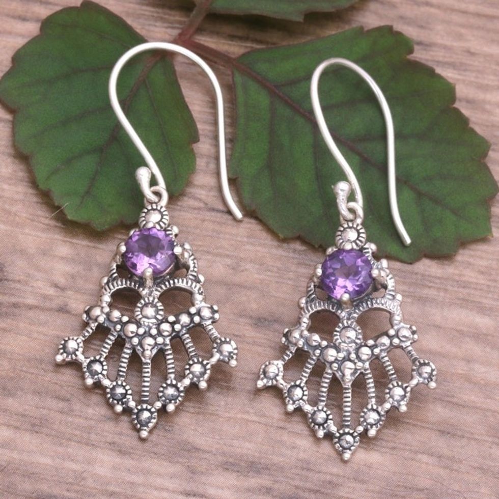 Balinese Sterling Silver and Amethyst Dangle Earrings 'Purple Kwangen'