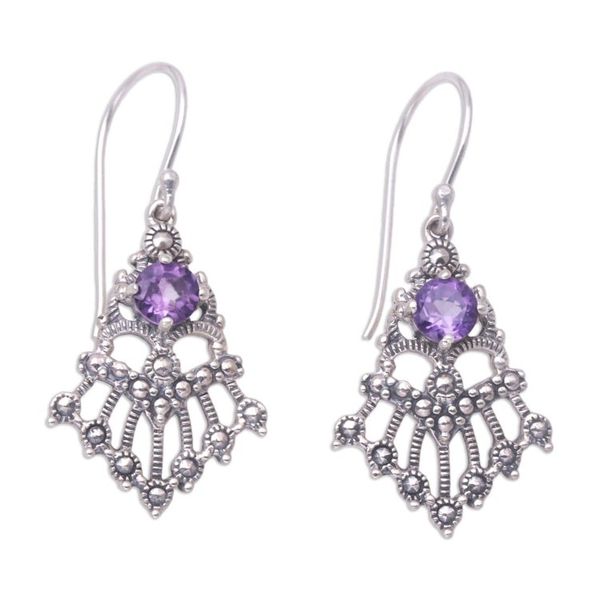 Alternate image for Balinese Sterling Silver and Amethyst Dangle Earrings Purple Kwangen