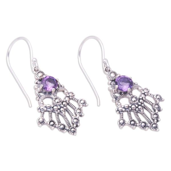 Alternate image for Balinese Sterling Silver and Amethyst Dangle Earrings Purple Kwangen