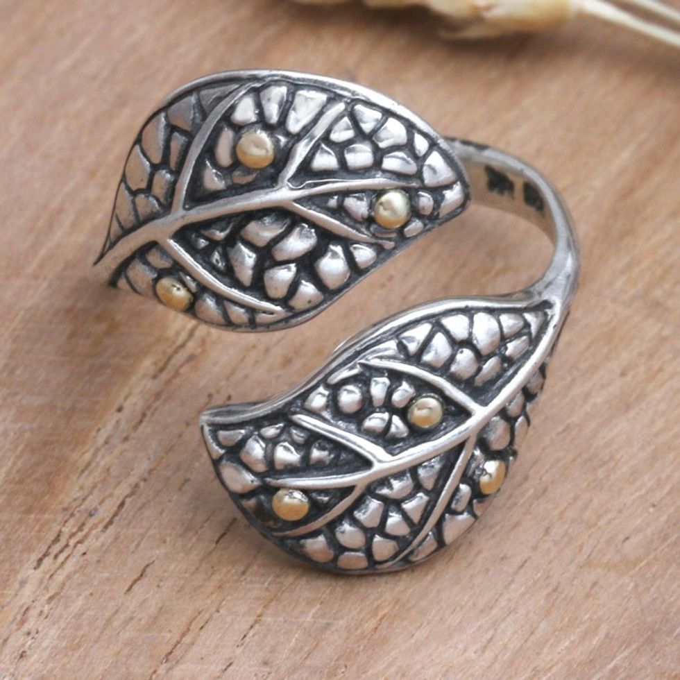 Balinese Gold-Accented Wrap Ring with Leaf Motif 'Forever Forest'