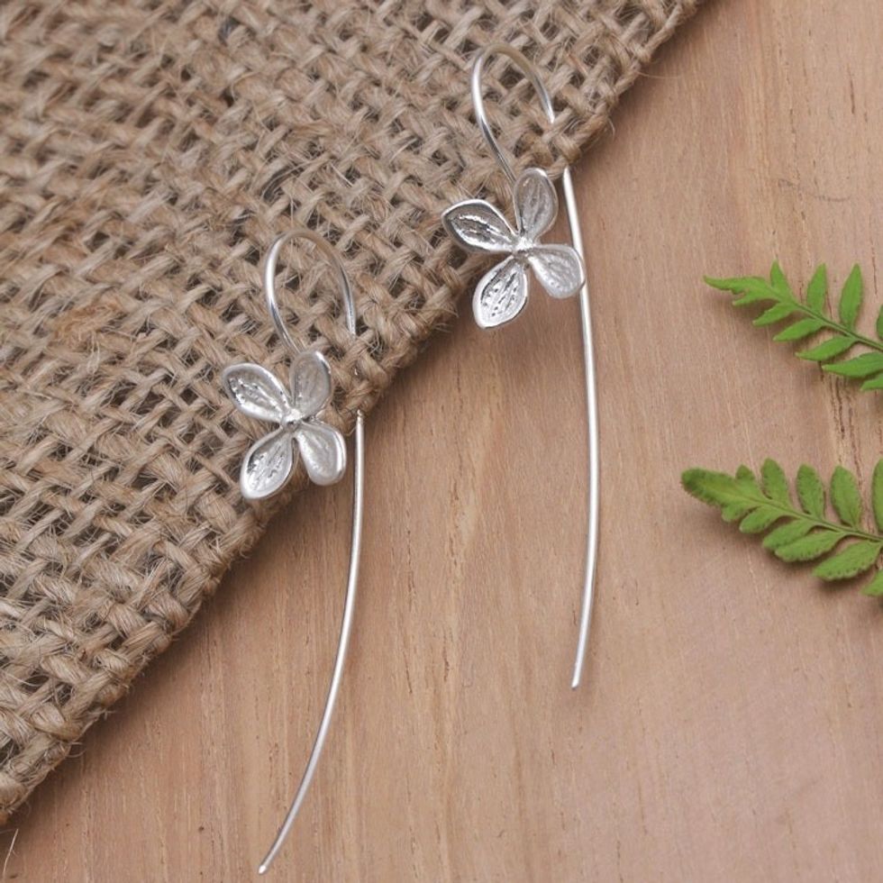 Hand Made Sterling Silver Drop Earrings with Floral Motif 'Floral Wisp'