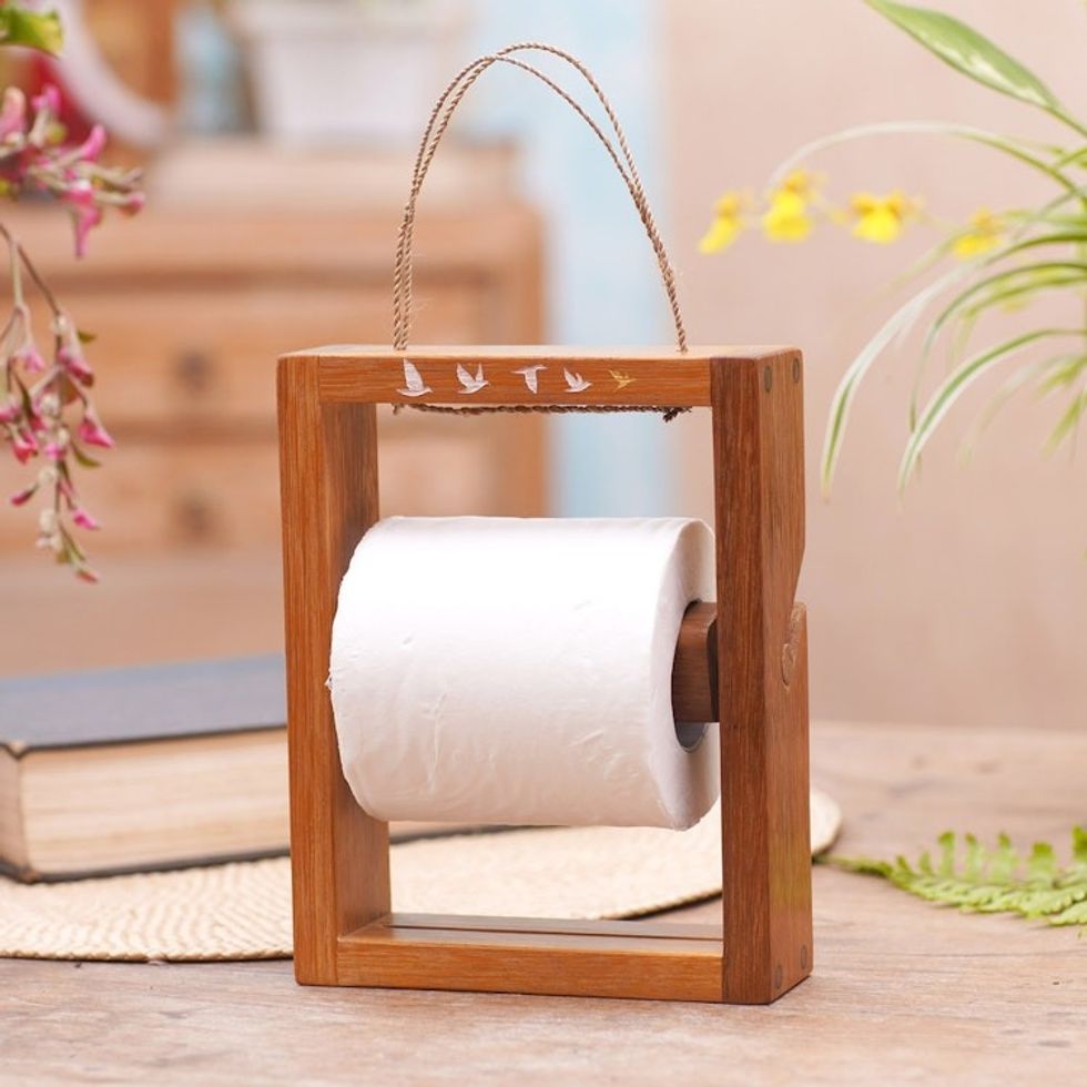 Handcrafted Reclaimed Wood Toilet Paper Holder from Bali 'Roll Me'