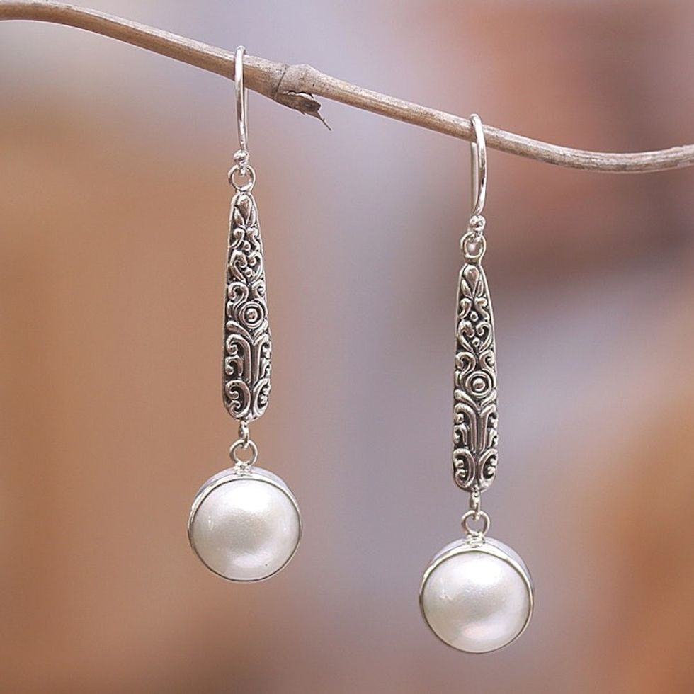 Balinese Sterling Silver Dangle Earrings with Grey Pearls 'Innocence and Balance'