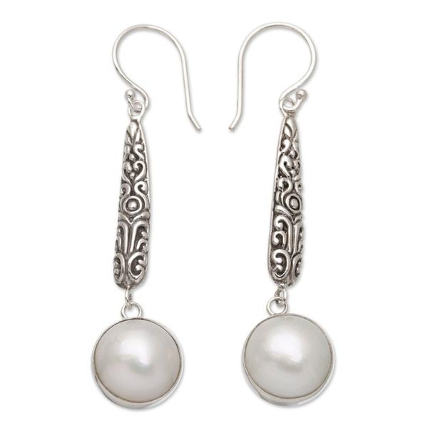 Alternate image for Balinese Sterling Silver Dangle Earrings with Grey Pearls Innocence and Balance