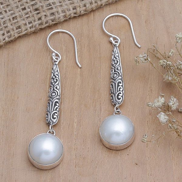 Alternate image for Balinese Sterling Silver Dangle Earrings with Grey Pearls Innocence and Balance