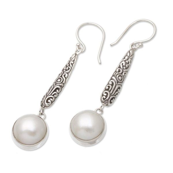 Alternate image for Balinese Sterling Silver Dangle Earrings with Grey Pearls Innocence and Balance