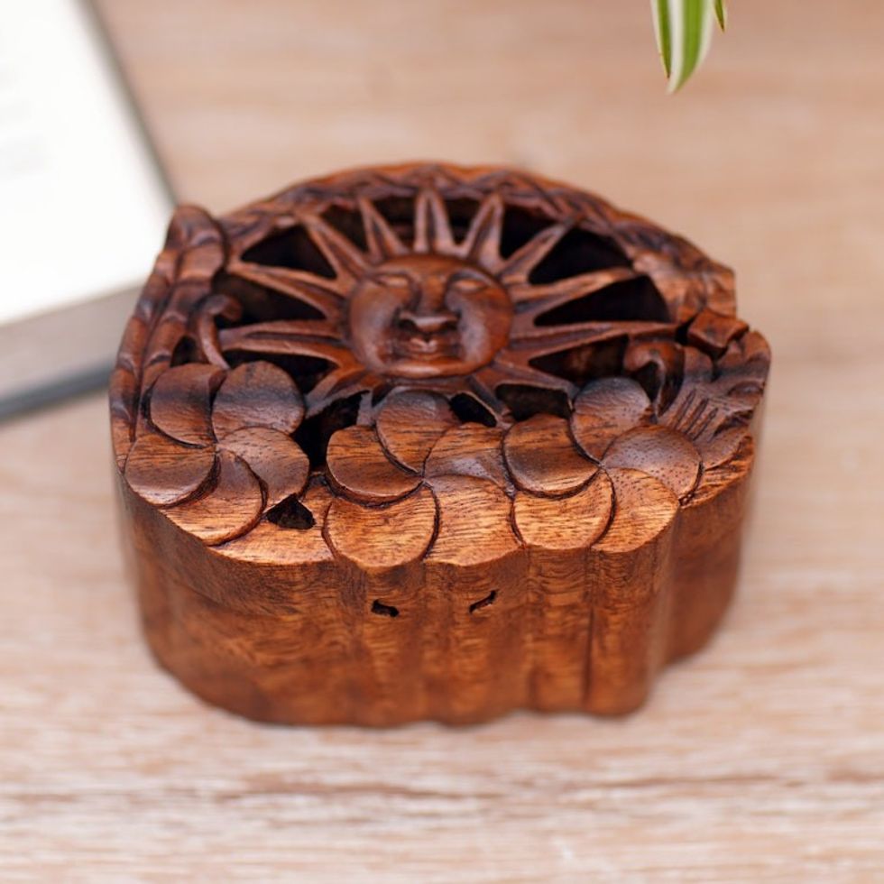 Suar Wood Puzzle Box Hand-Carved in Bali 'Sunlight Blooms'