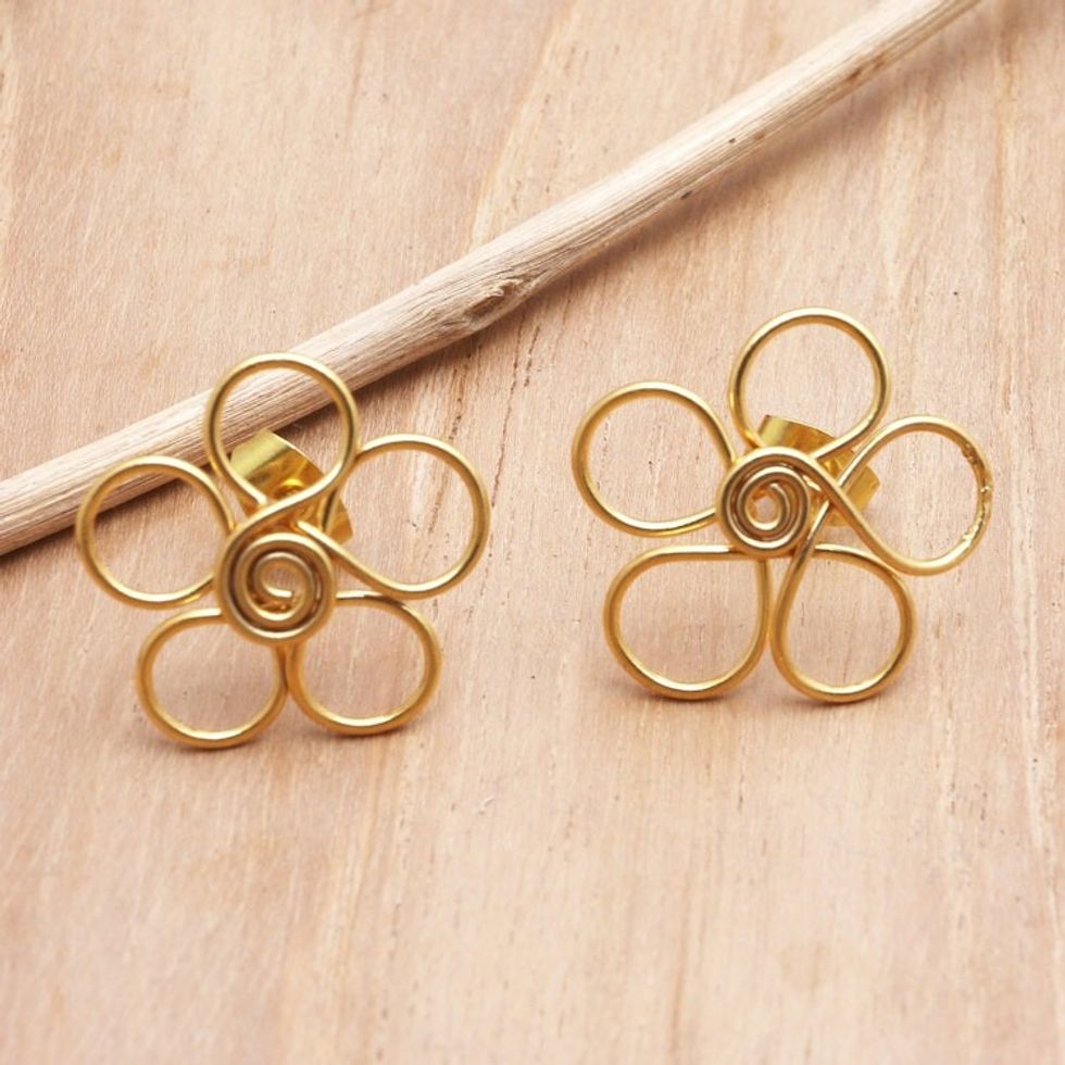 Gold-Plated Button Earrings with Floral Motif 'Cheerful Flower'