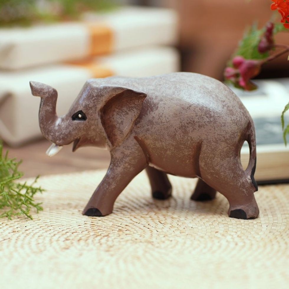 Indonesian Hand-carved Hand-painted Elephant Wood Figurine 'Smart Elephant'