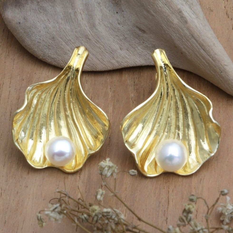 18k Gold-Plated Seashell Drop Earrings with Cultured Pearls 'Marine Treasure'