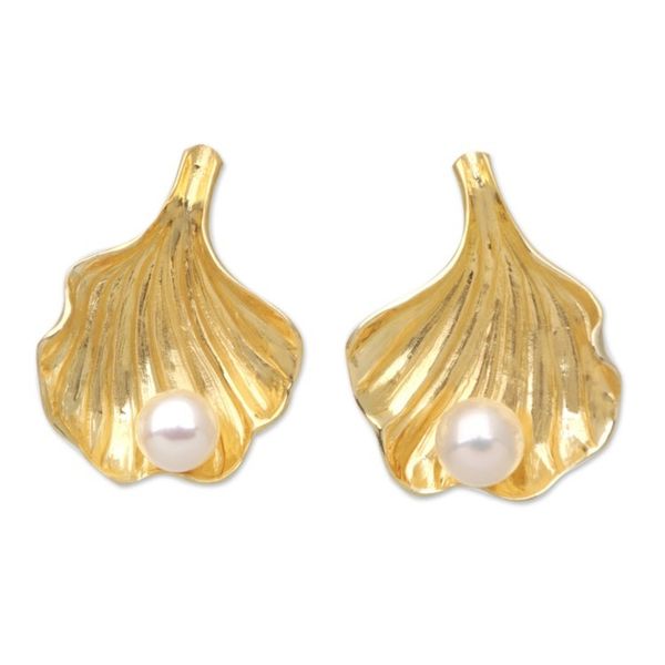 Alternate image for 18k Gold-Plated Seashell Drop Earrings with Cultured Pearls Marine Treasure