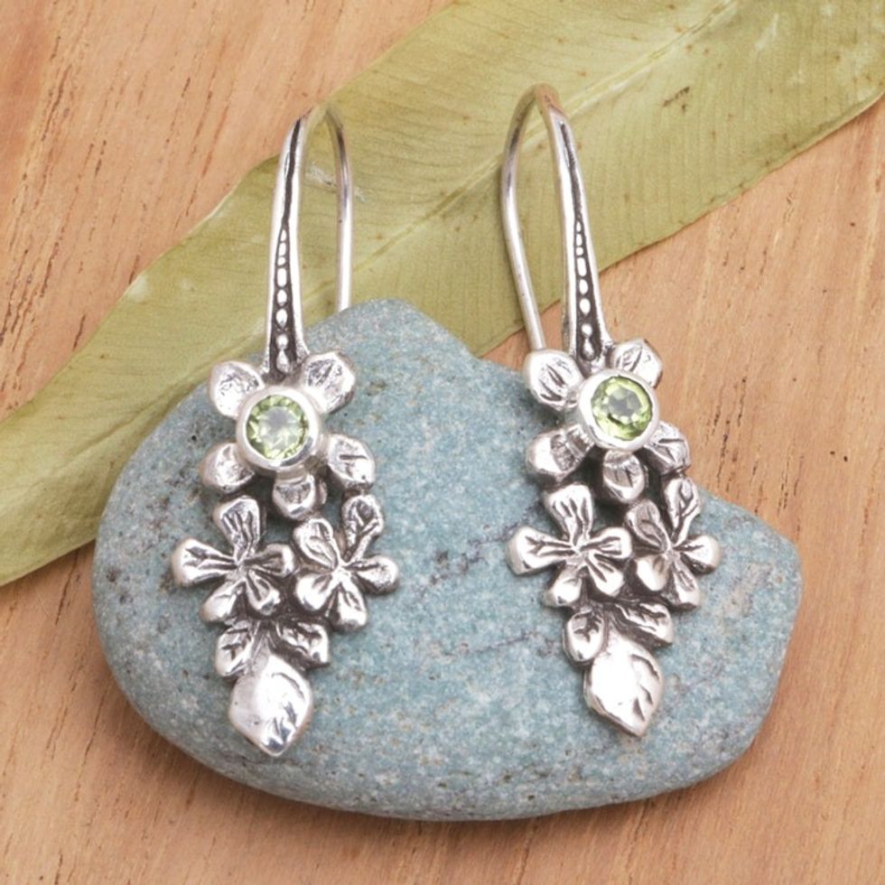 Sterling Silver Drop Earrings with Peridot Stones 'Blooms in Spring'