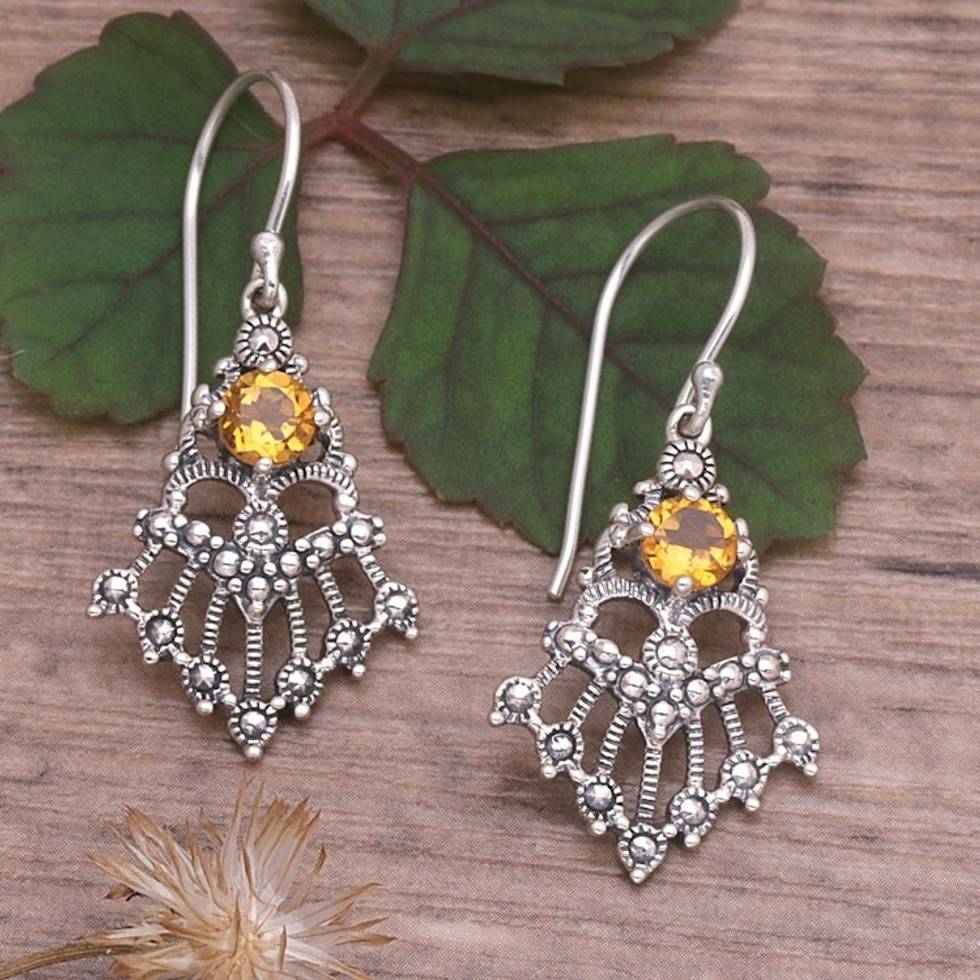 Balinese Sterling Silver and Citrine Dangle Earrings 'Yellow Kwangen'