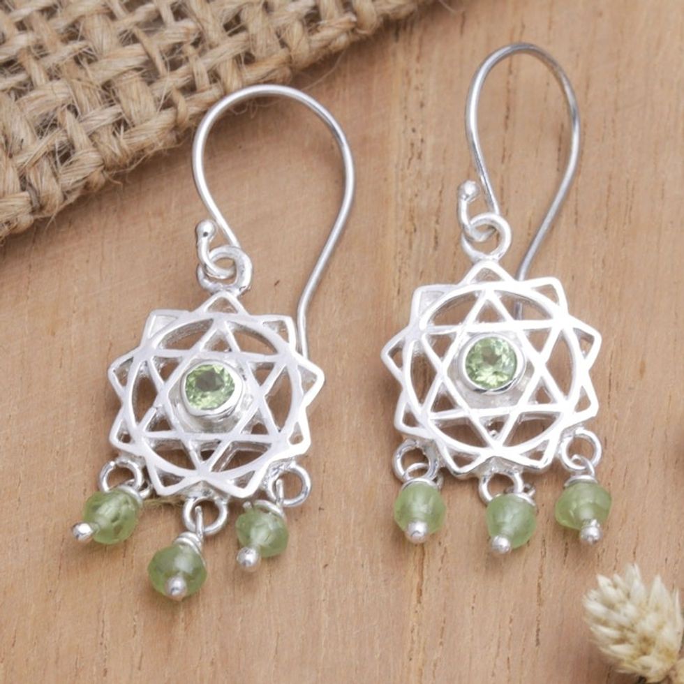Chakra Themed Sterling Silver and Peridot Dangle Earrings 'Verdant Spring'