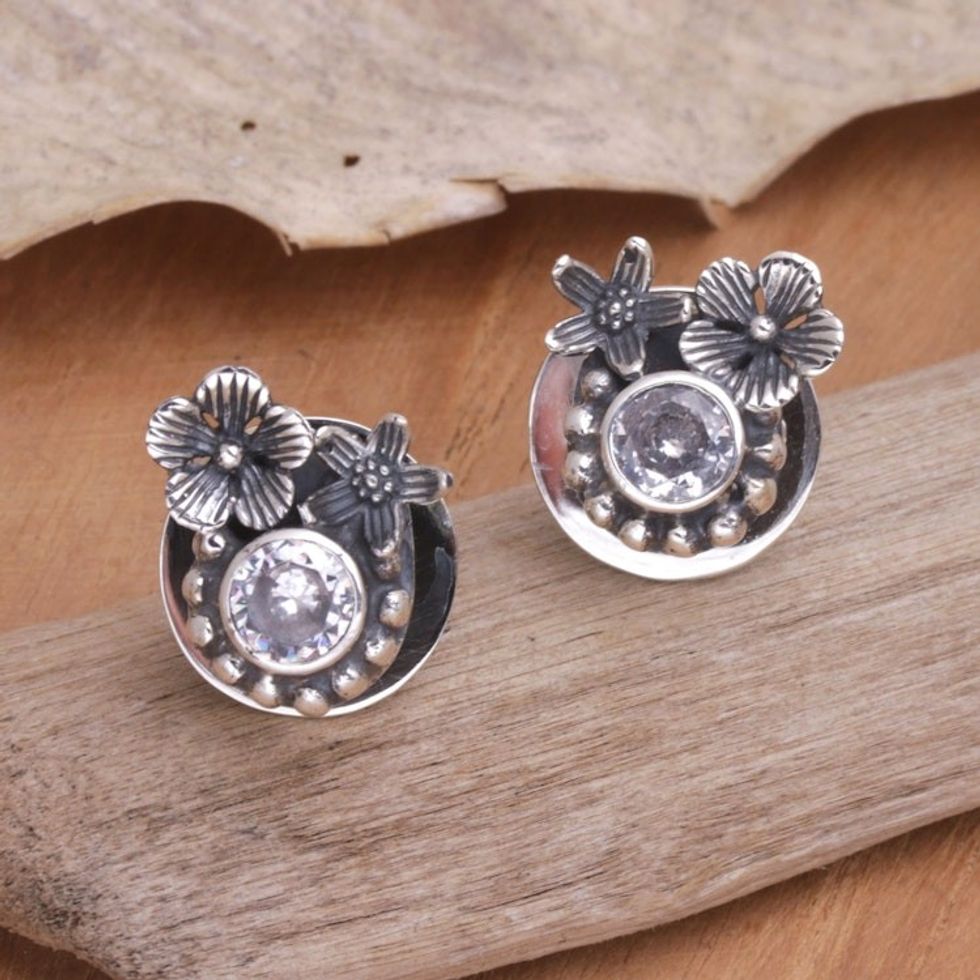 Sterling Silver and Cubic Zirconia Floral Button Earrings 'Godly Flower'