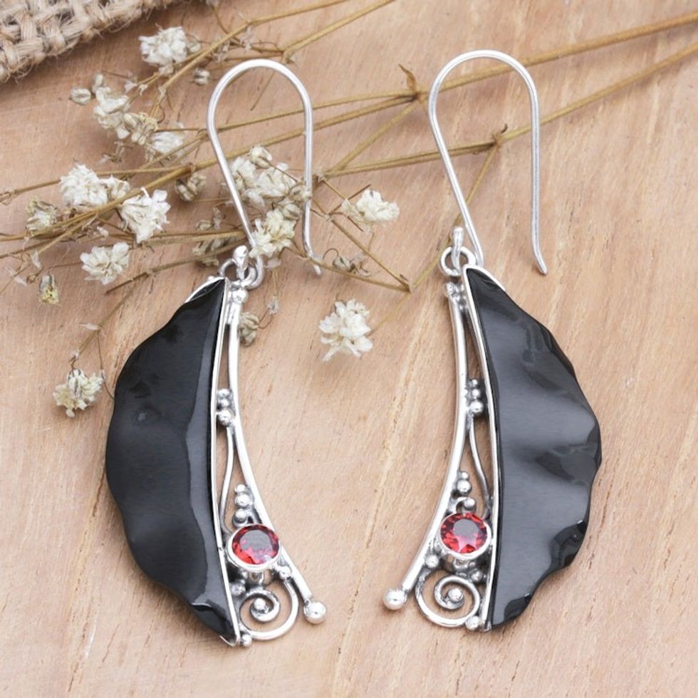 Balinese Horn Garnet and Sterling Silver Dangle Earrings 'Charming Appeal'