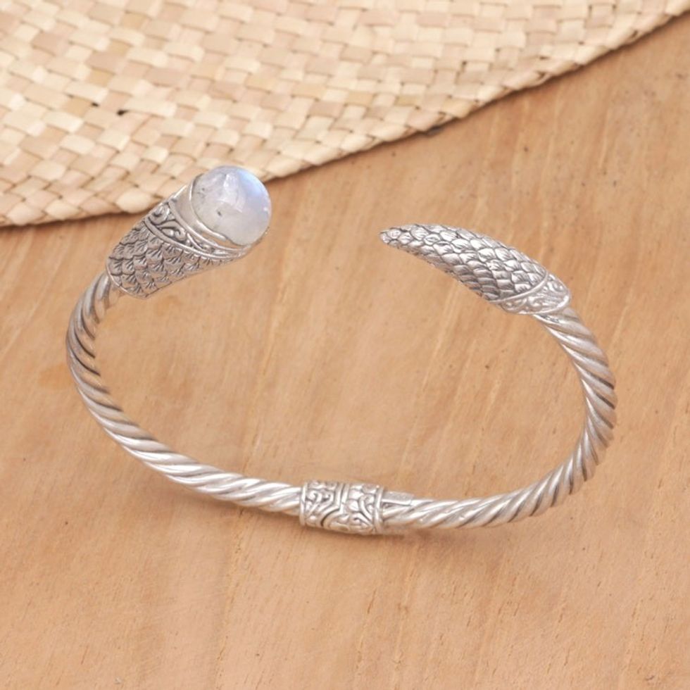 Rainbow Moonstone Sterling Silver Cuff Bracelet from Bali 'Feathers to the Moon'