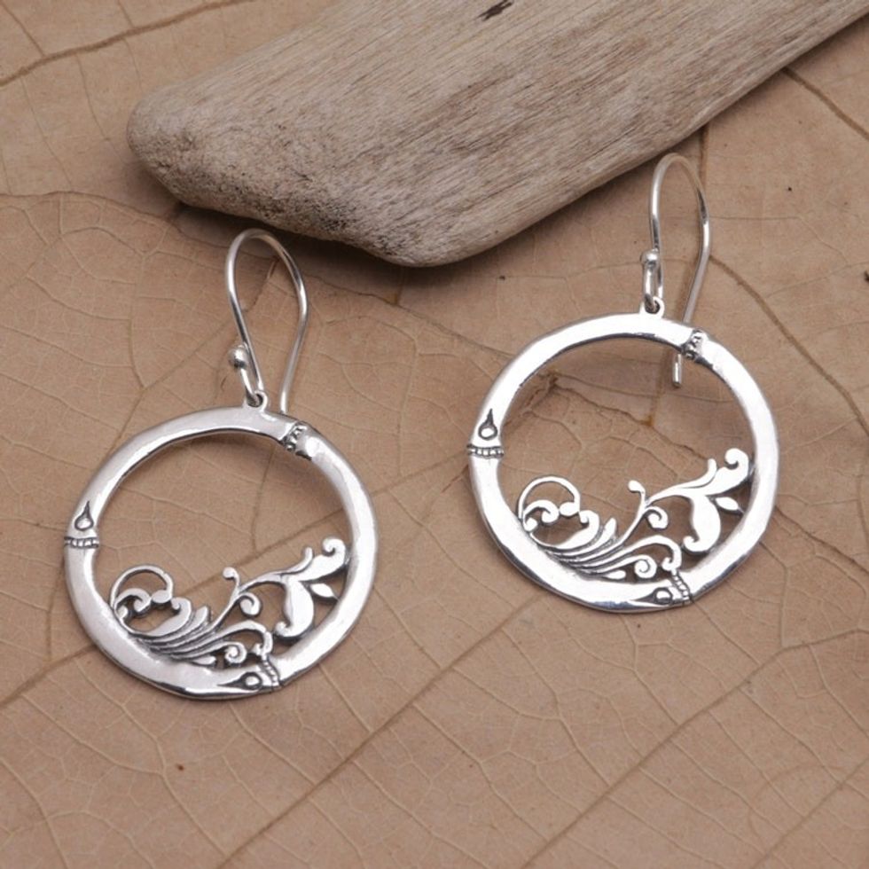 Round Sterling Silver Dangle Earrings with Leaf Motifs 'Enchanted Circle'