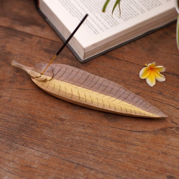 Alternate image for Hand-carved Leaf Incense Holder Made from Hibiscus Wood Jepun Leaf