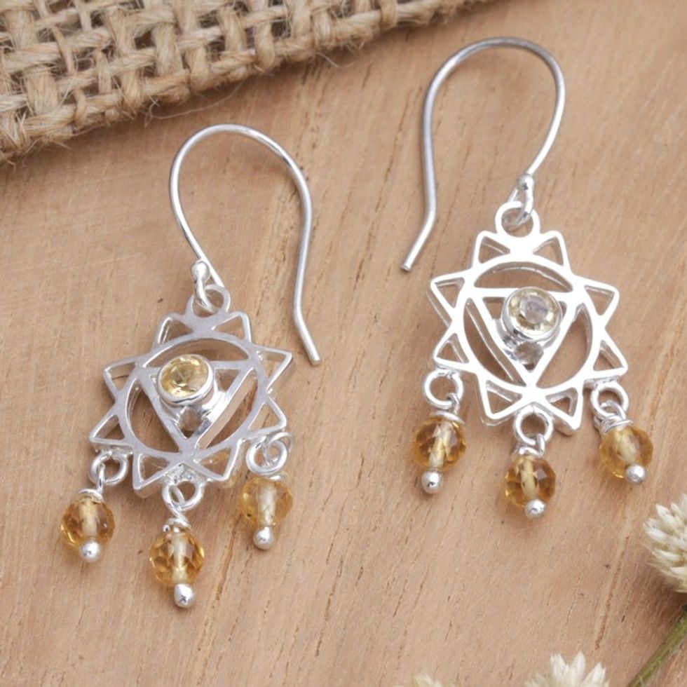 Chakra Themed Sterling Silver and Citrine Dangle Earrings 'Daybreak Sun'
