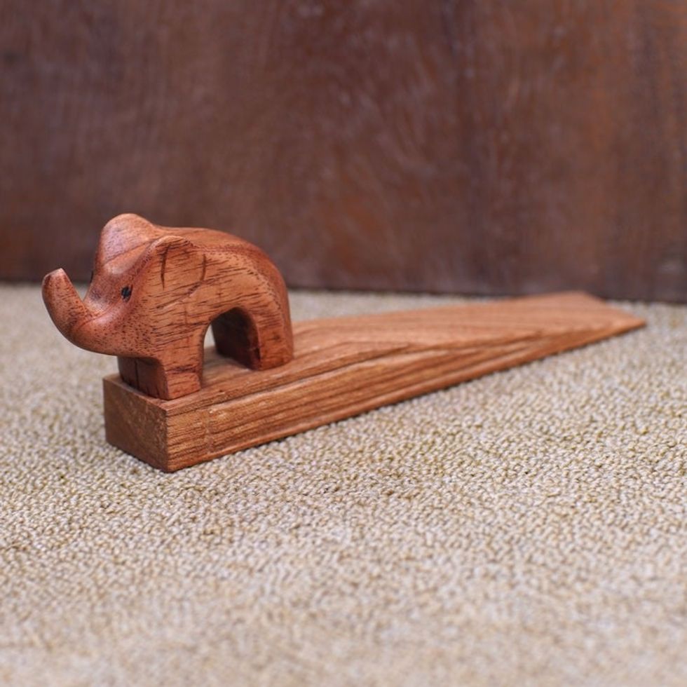 Hand-Carved Wood Doorstop 'Cute Elephant'