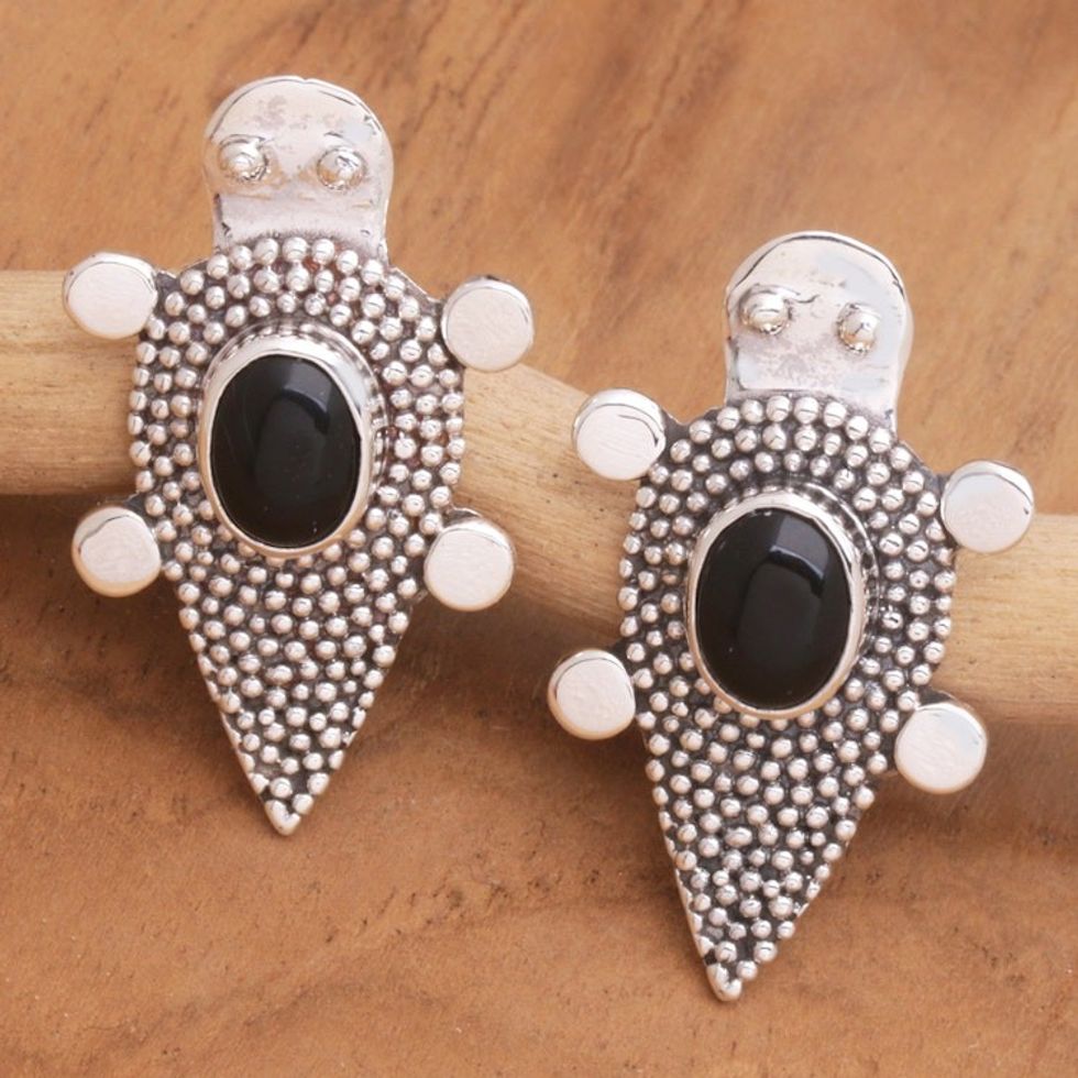 Sterling Silver Onyx Tortoise Button Earrings 'Heaven's Black Tortoise'