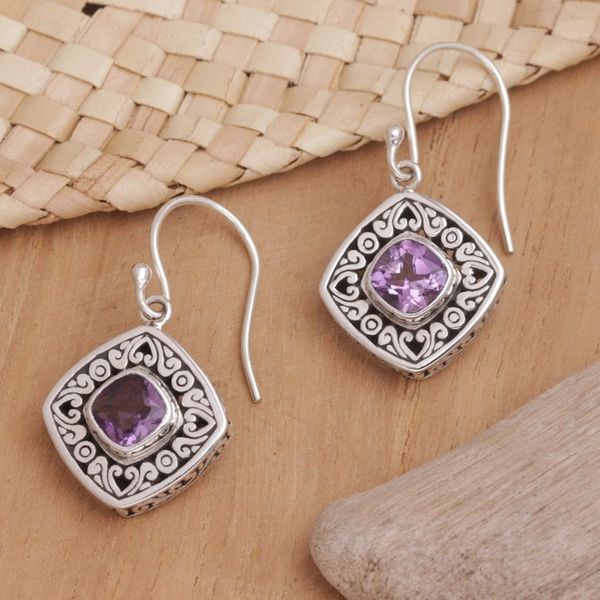 Alternate image for 925 Sterling Silver and Amethyst Dangle Earrings from Bali Stuck on You in Purple