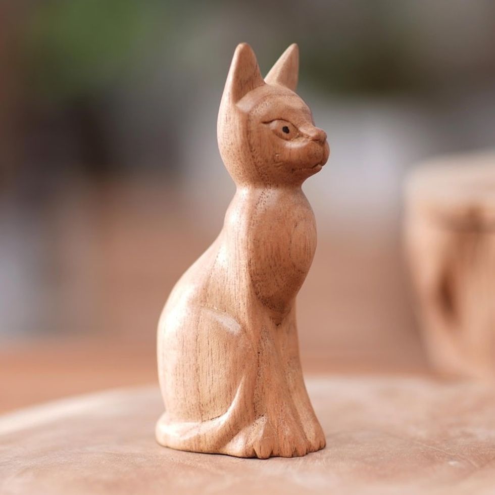 Brown Cat Sculpture Hand-Carved from Jempinis Wood in Bali 'Cunning Cat'