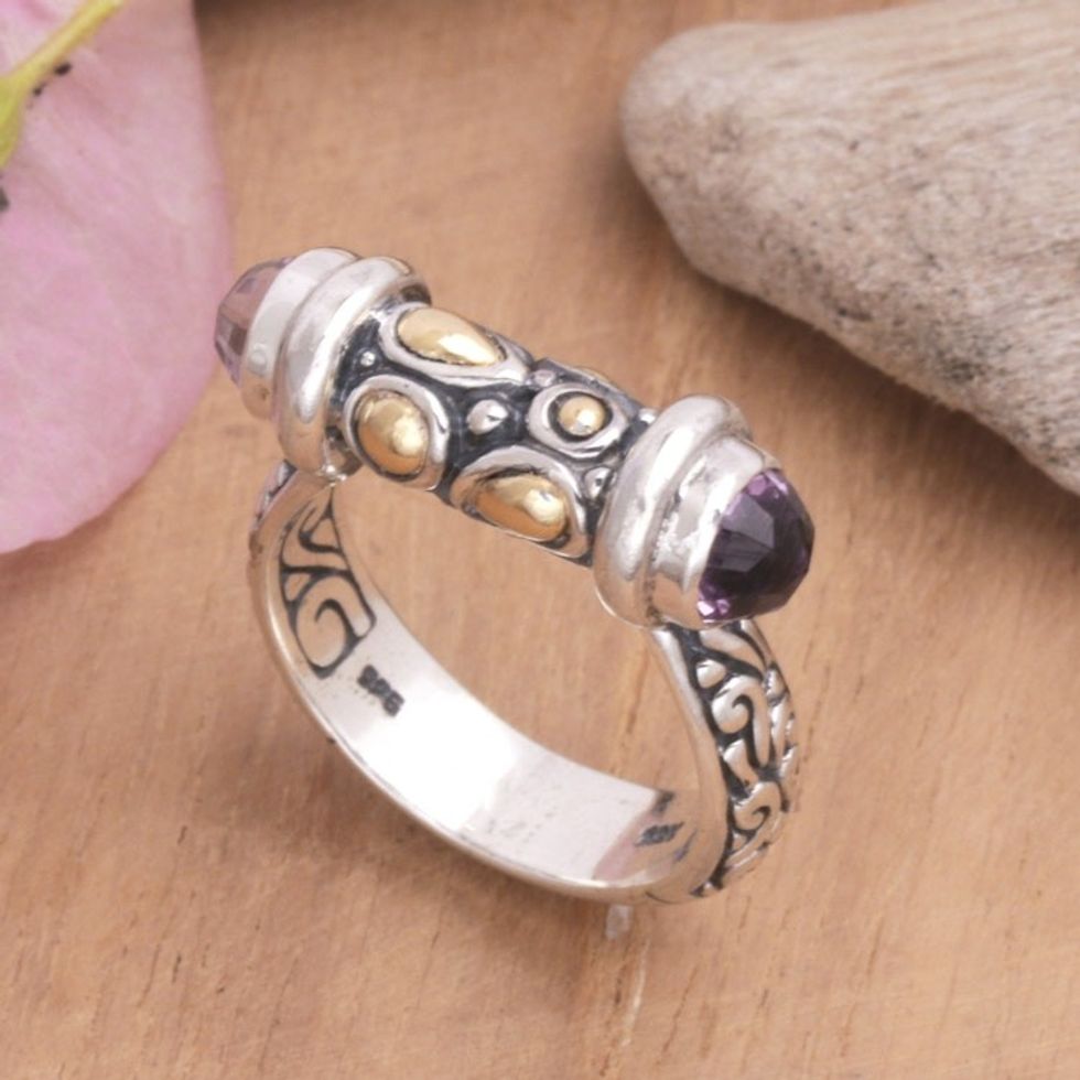 Men's Gold-Accented Amethyst Cocktail Ring from Bali 'Gentleman of Leisure'