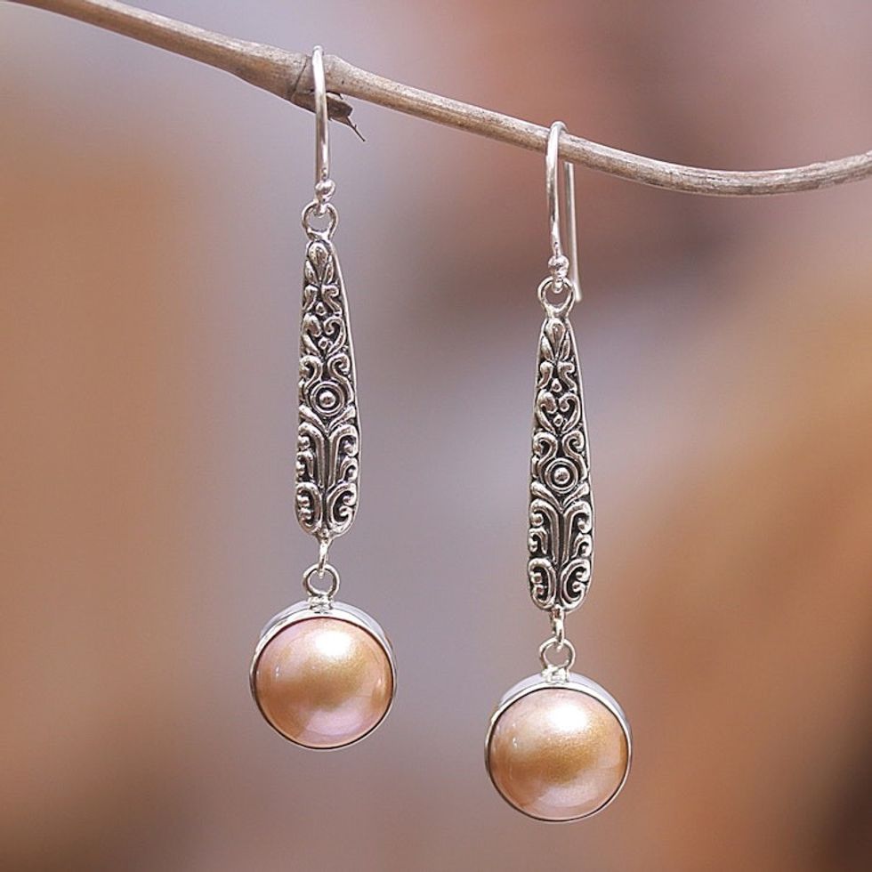 Balinese Sterling Silver Dangle Earrings with Golden Pearls 'Innocence and Prosperity'