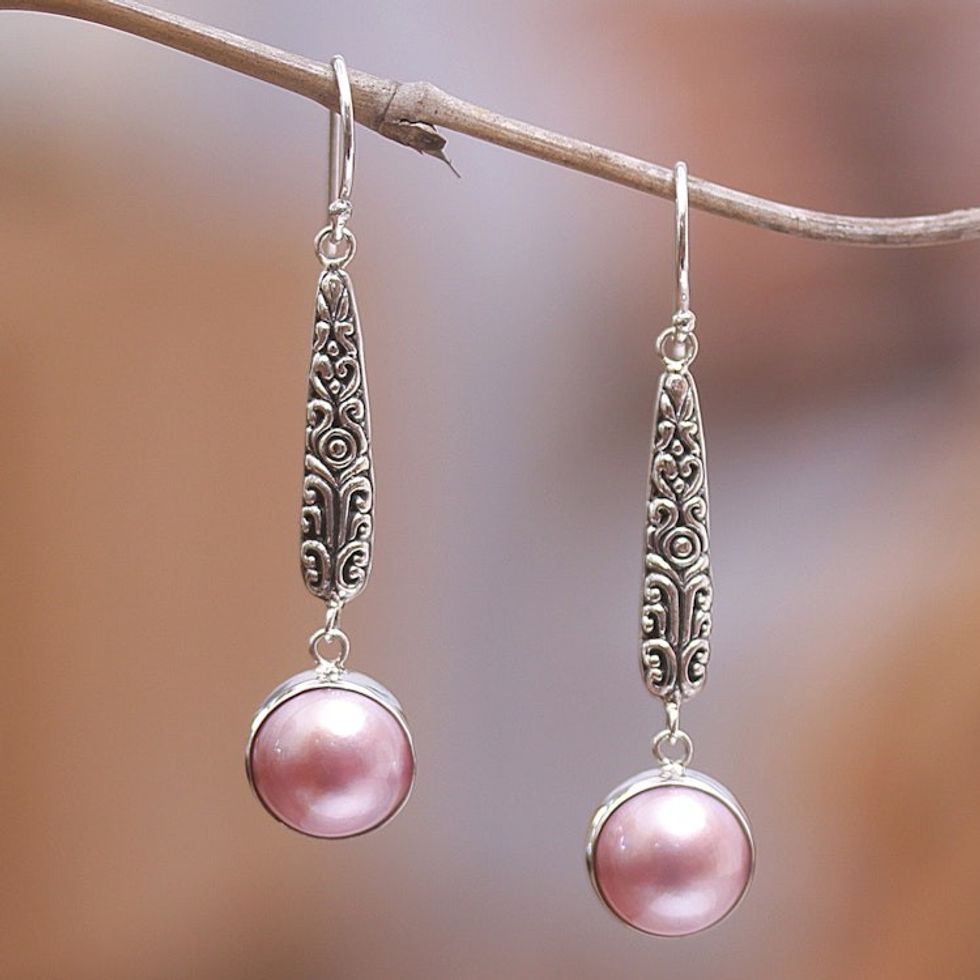 Balinese Sterling Silver Dangle Earrings with Pink Pearls 'Innocence and Friendship'