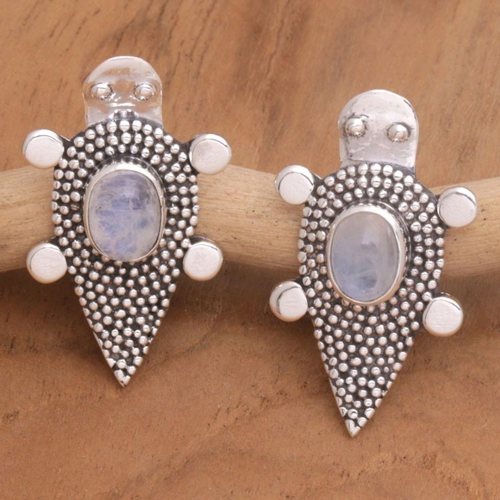 Sterling Silver Rainbow Moonstone Tortoise Button Earrings 'Heaven's White Tortoise'