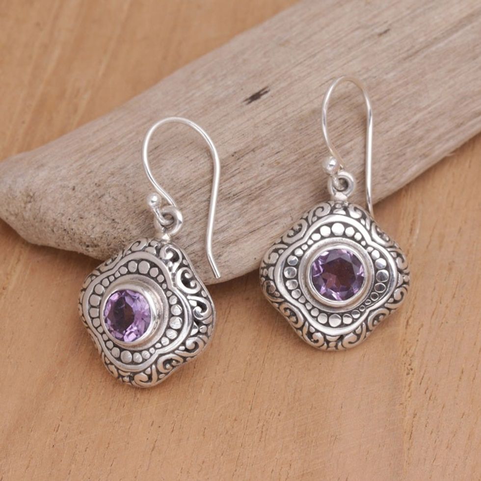 Balinese Sterling Silver Dangle Earrings with Amethysts 'Purple Lovely Touch'