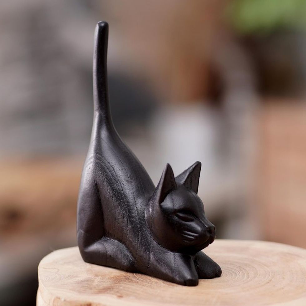 Balinese Hand-Carved Jempinis Wood Sculpture of Black Cat 'Stretching Black Kitten'
