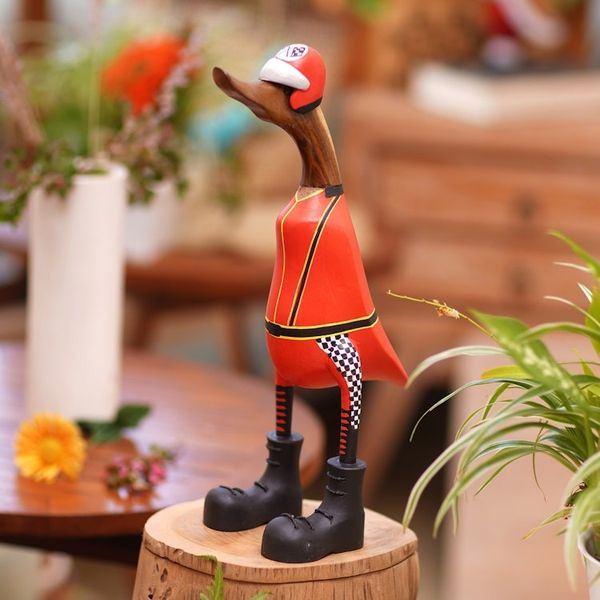 Alternate image for Teak Wood Duck Statuette with Racer Motif Racer Duck