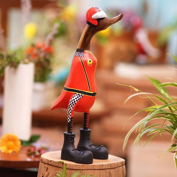 Alternate image for Teak Wood Duck Statuette with Racer Motif Racer Duck