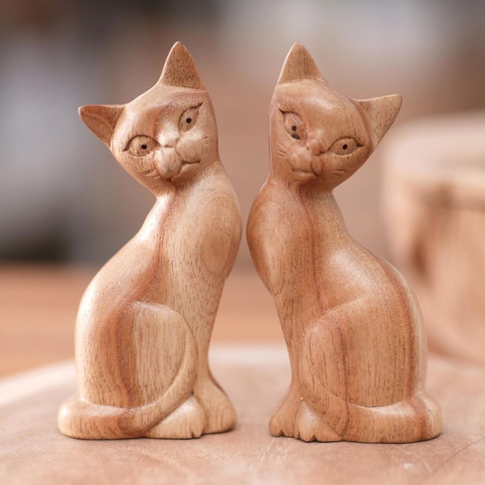 Pair of Jempinis Wood Cat Sculptures in Natural Brown 'Feline Twins'