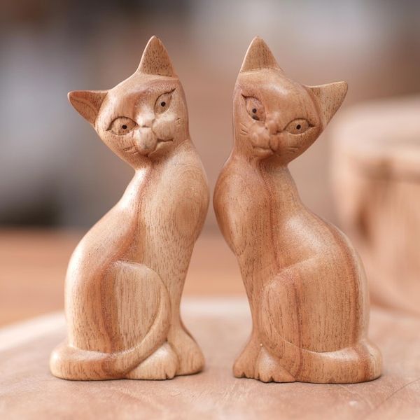 Alternate image for Pair of Jempinis Wood Cat Sculptures in Natural Brown Feline Twins