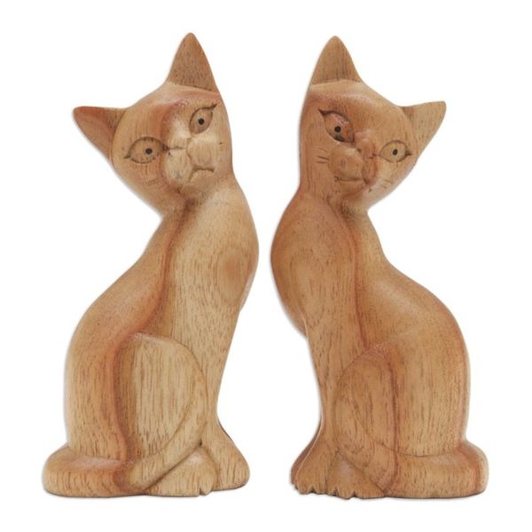 Alternate image for Pair of Jempinis Wood Cat Sculptures in Natural Brown Feline Twins