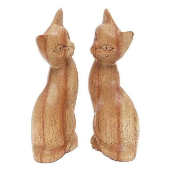 Alternate image for Pair of Jempinis Wood Cat Sculptures in Natural Brown Feline Twins