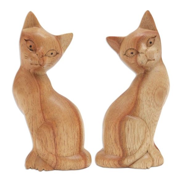 Alternate image for Pair of Jempinis Wood Cat Sculptures in Natural Brown Feline Twins