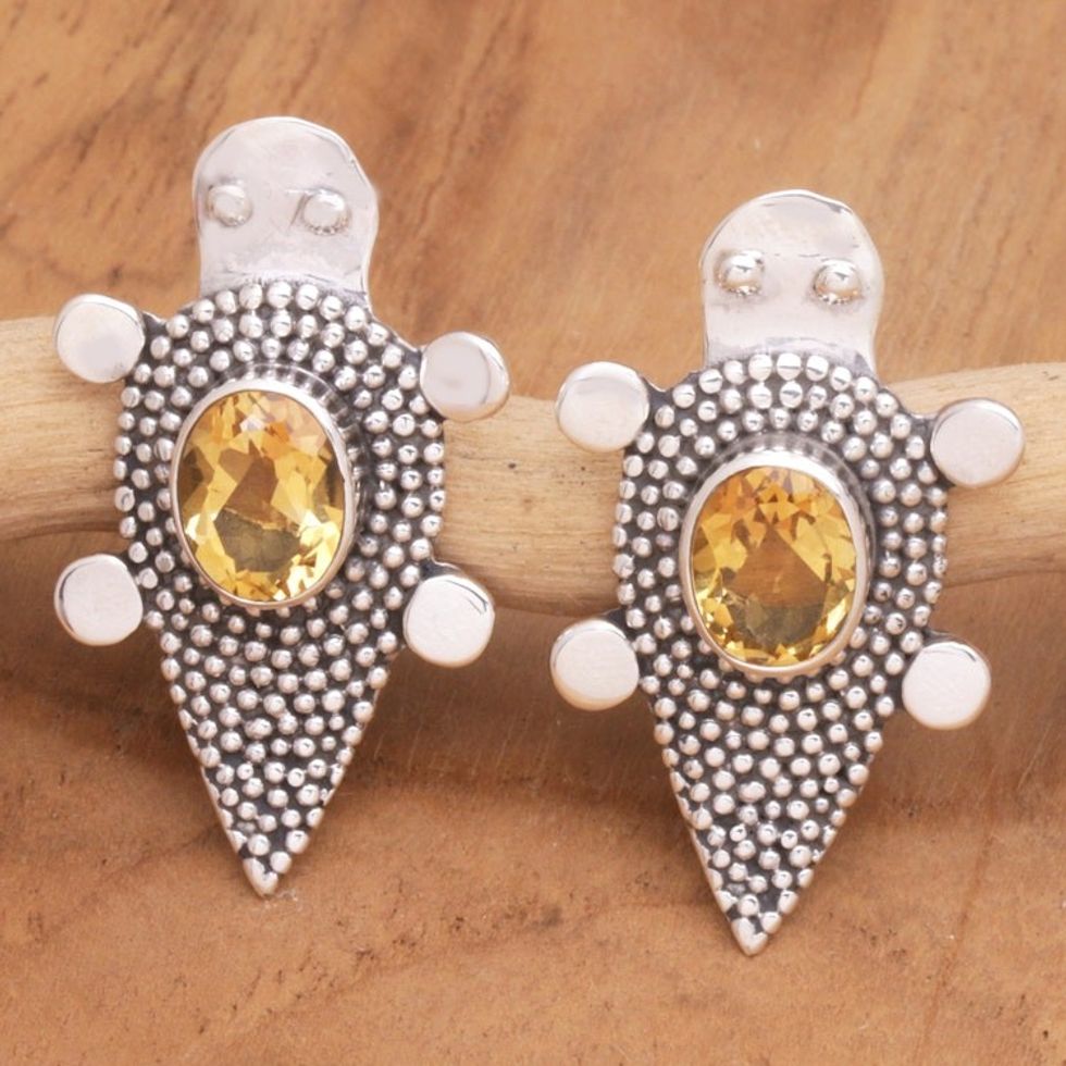 Sterling Silver Citrine Tortoise Button Earrings 'Heaven's Yellow Tortoise'