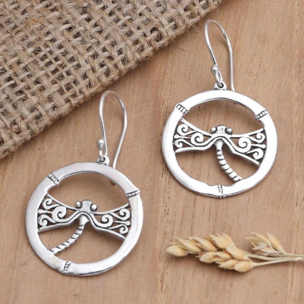 Sterling Silver Dangle Earrings with Dragonfly Motif 'Dragonfly Playground'