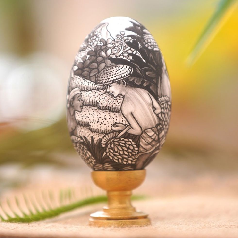 Artisan Crafted Balinese Wood Egg Sculpture 'Rice Farmer'
