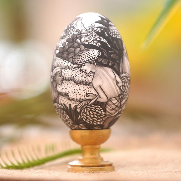 Alternate image for Artisan Crafted Balinese Wood Egg Sculpture Rice Farmer
